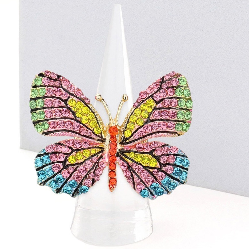 Red Rhinestone Embellished Metal Butterfly Stretch Ring